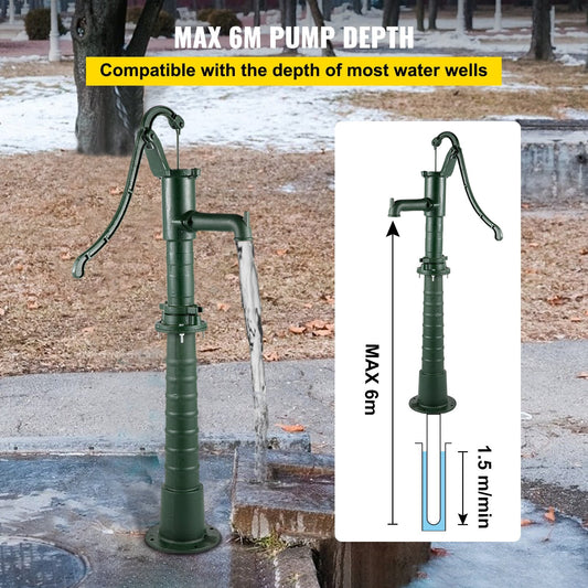 Cast Iron Deep Well Hand Pump with Stand, 6m Depth, Vintage Design, Green