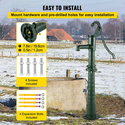 Cast Iron Deep Well Hand Pump with Stand, 6m Depth, Vintage Design, Green