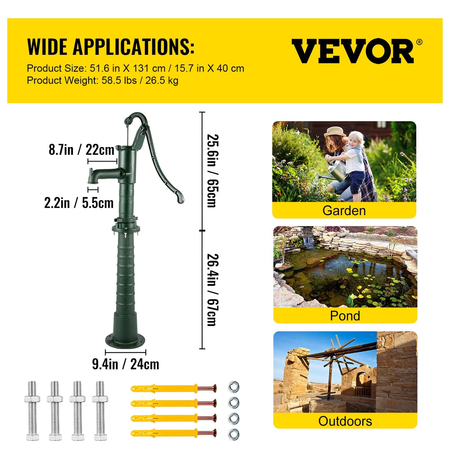 VEVOR Hand Water Pump w/ Stand Cast Iron Garden Deep Well Manual Suction Vintage
