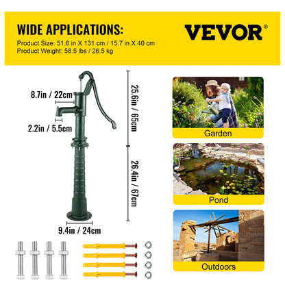 VEVOR Hand Water Pump w/ Stand Cast Iron Garden Deep Well Manual Suction Vintage