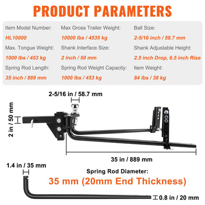 VEVOR 453 kg Weight Distribution Hitch with 2-5/16 in Ball and 2-In Shank