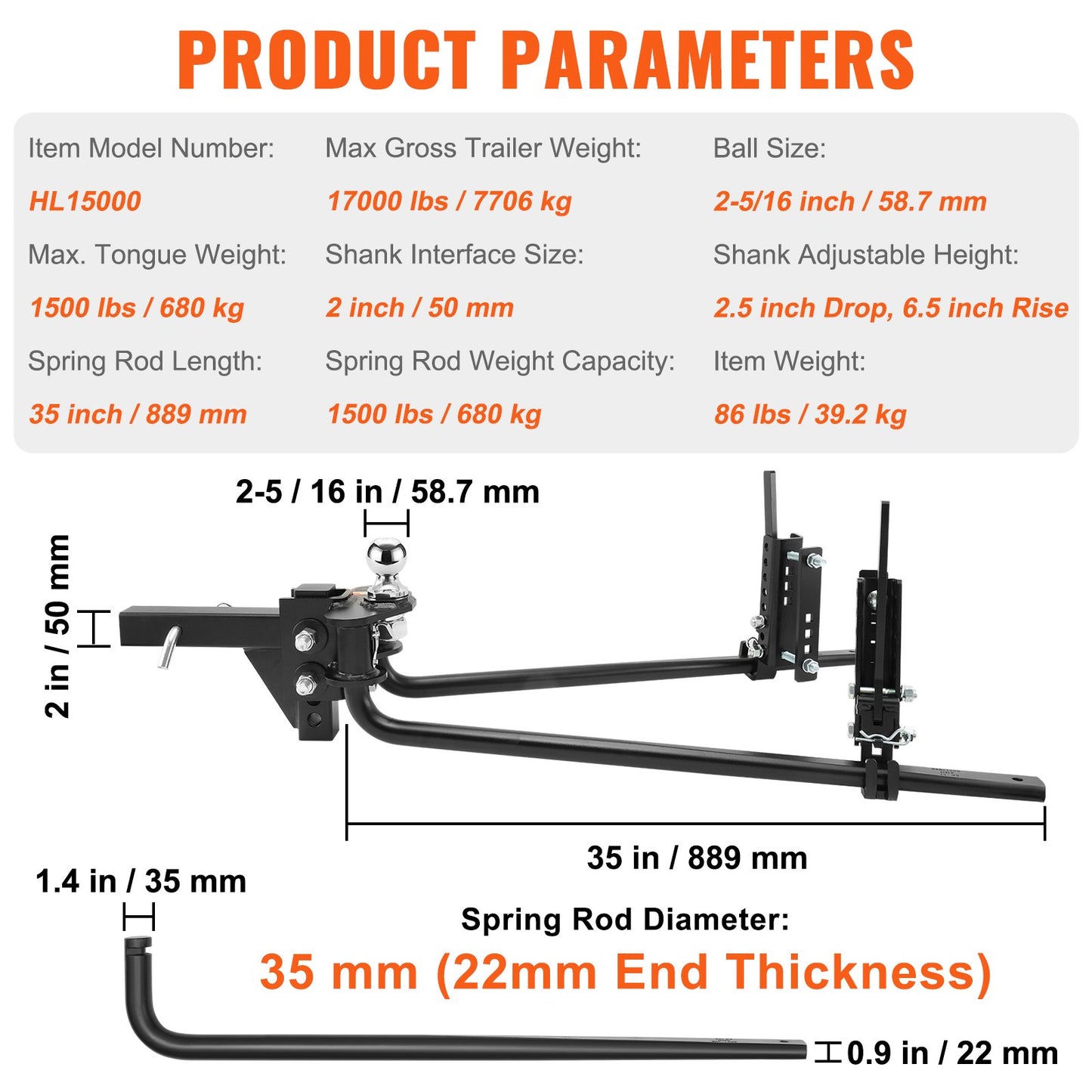 VEVOR 680 kg Weight Distribution Hitch with 2-5/16 in Ball and 2-In Shank