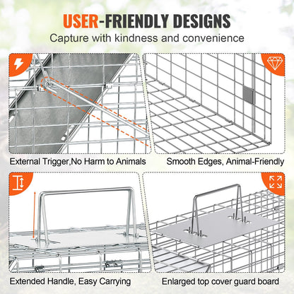 Folding Humane Animal Cage Trap, 0.79m x 0.25m x 0.30m Galvanized Iron