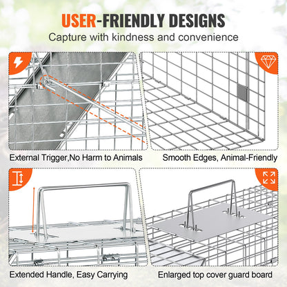VEVOR Live Animal Cage Trap, 31" x 10" x 12" Humane Cat Trap Galvanized Iron, Folding