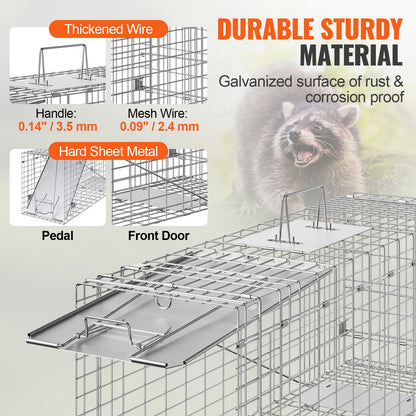 VEVOR Live Animal Cage Trap, 31" x 10" x 12" Humane Cat Trap Galvanized Iron, Folding