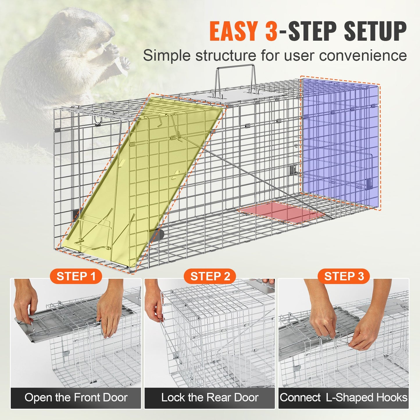 VEVOR Live Animal Cage Trap, 31" x 10" x 12" Humane Cat Trap Galvanized Iron, Folding