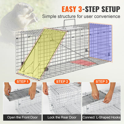 VEVOR Live Animal Cage Trap, 31" x 10" x 12" Humane Cat Trap Galvanized Iron, Folding