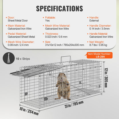 Folding Humane Animal Cage Trap, 0.79m x 0.25m x 0.30m Galvanized Iron
