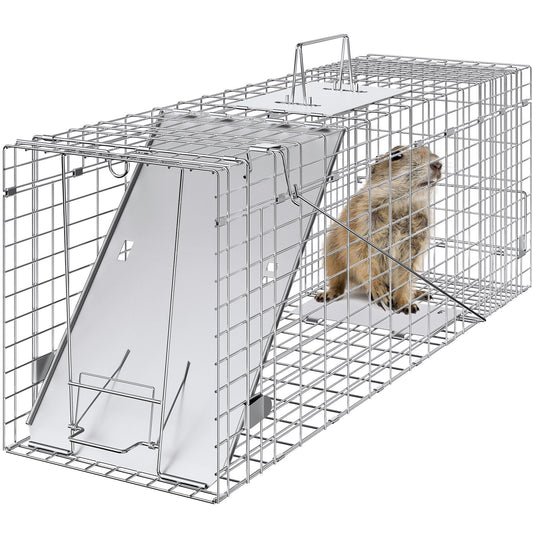 VEVOR Live Animal Cage Trap, 31" x 10" x 12" Humane Cat Trap Galvanized Iron, Folding