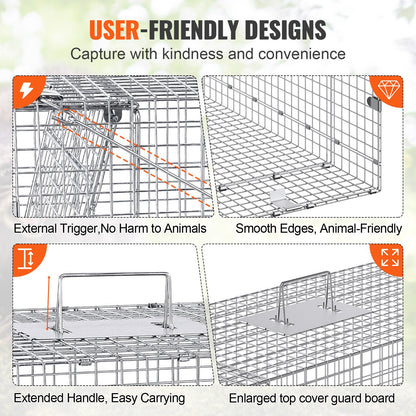 VEVOR Live Animal Cage Trap, 50" x 20" x 26" Humane Cat Trap Galvanized Iron, Folding