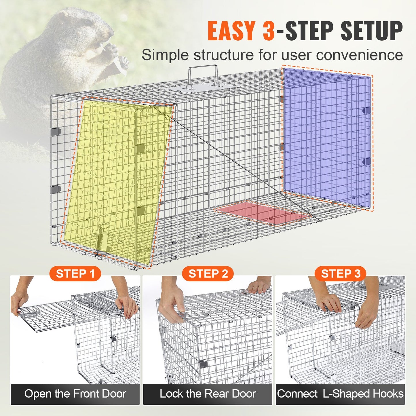VEVOR Live Animal Cage Trap, 50" x 20" x 26" Humane Cat Trap Galvanized Iron, Folding