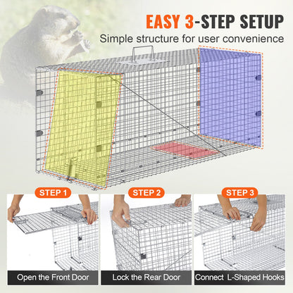 VEVOR Live Animal Cage Trap, 50" x 20" x 26" Humane Cat Trap Galvanized Iron, Folding
