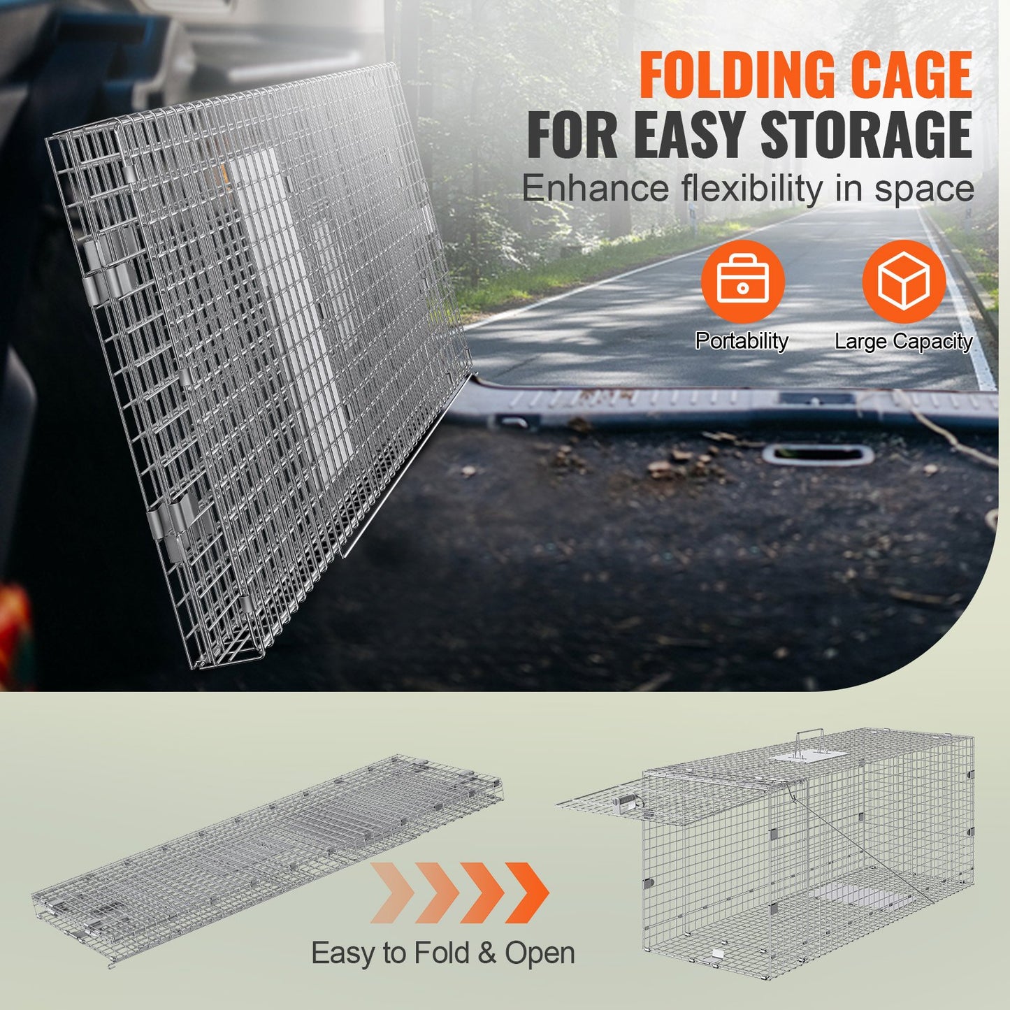 VEVOR Live Animal Cage Trap, 50" x 20" x 26" Humane Cat Trap Galvanized Iron, Folding