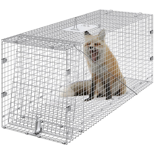 VEVOR Live Animal Cage Trap, 50" x 20" x 26" Humane Cat Trap Galvanized Iron, Folding