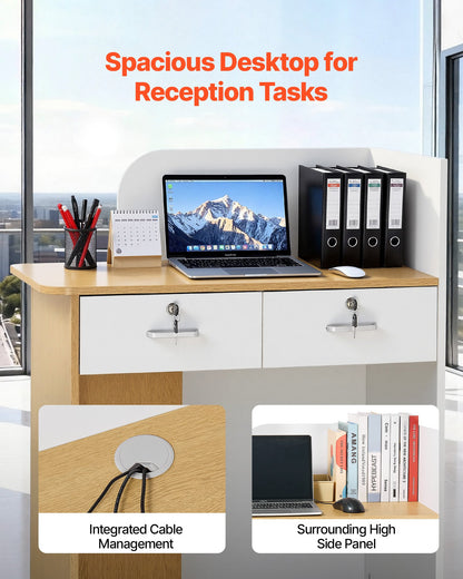 Reception Desk, 80 cm Rectangular Front Counter Table, Modern Office Reception Desk with LED Light, 2 Drawers & Power Outlets, Retail Counter Table for Checkout, Lobby, Beauty Salon, Office