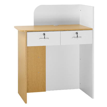 Reception Desk, 80 cm Rectangular Front Counter Table, Modern Office Reception Desk with LED Light, 2 Drawers & Power Outlets, Retail Counter Table for Checkout, Lobby, Beauty Salon, Office