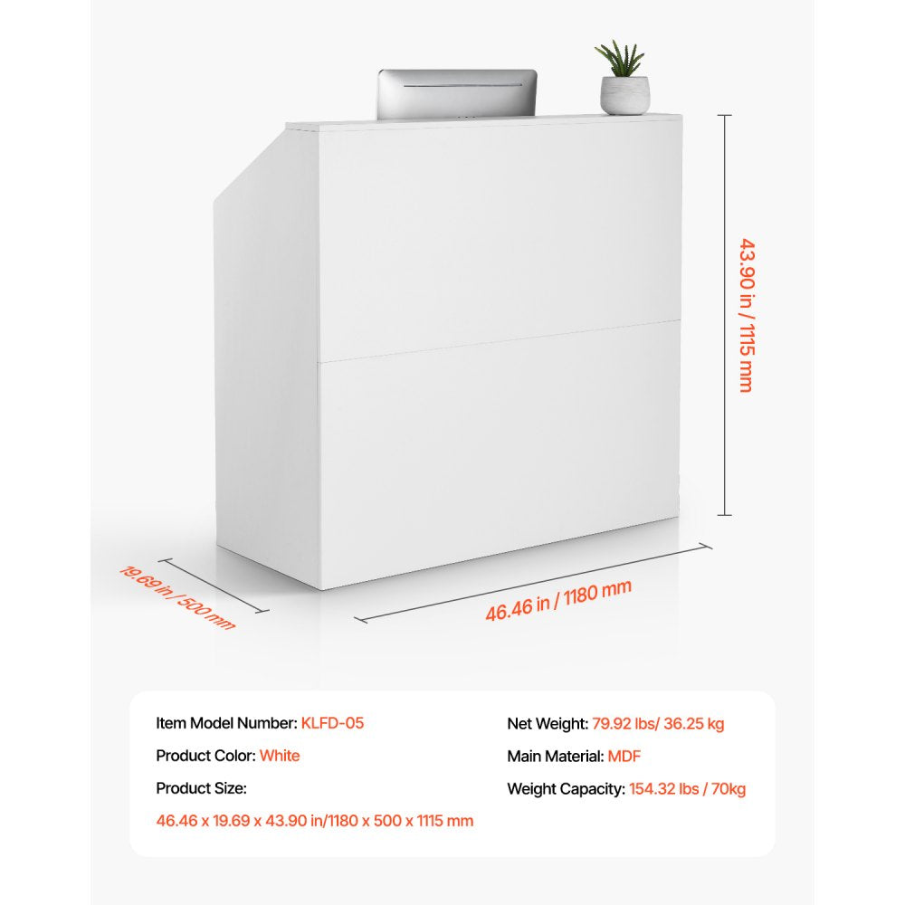 VEVOR Reception Desk Rectangular Front Counter Table 118 cm White Office Table