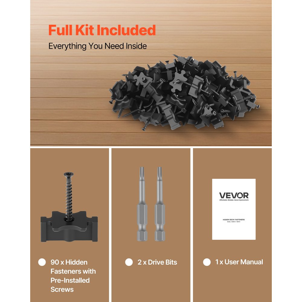 90PCS Hidden Deck Fasteners for Composite Decking Universal T Clips Black