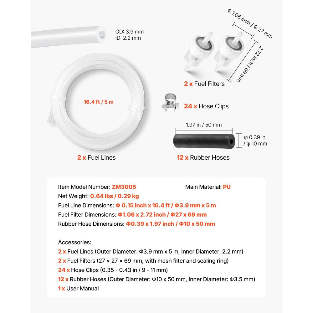 Fuel Pipe Hose Line Kit, 5000mm Diesel Heater Fuel Line Kit, Replaceable Parking Heater Fuels Lines Kits with Lines Filters Clips & Hoses, Tank Diesel Heater Accessories for 2KW 5KW 8KW Heaters