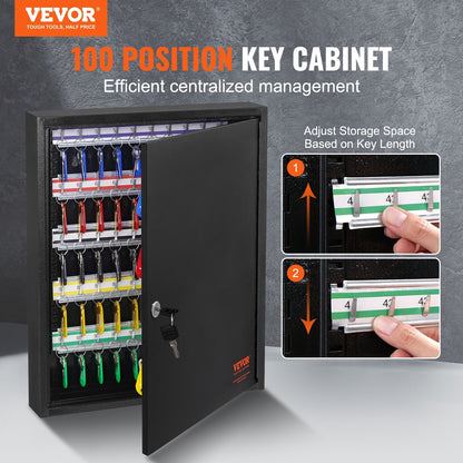 100-Key Lock Box with Adjustable Racks and 100 Tags, Steel Security Cabinet
