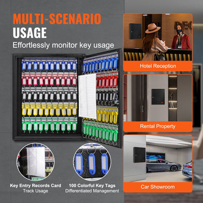 100-Key Lock Box with Adjustable Racks and 100 Tags, Steel Security Cabinet