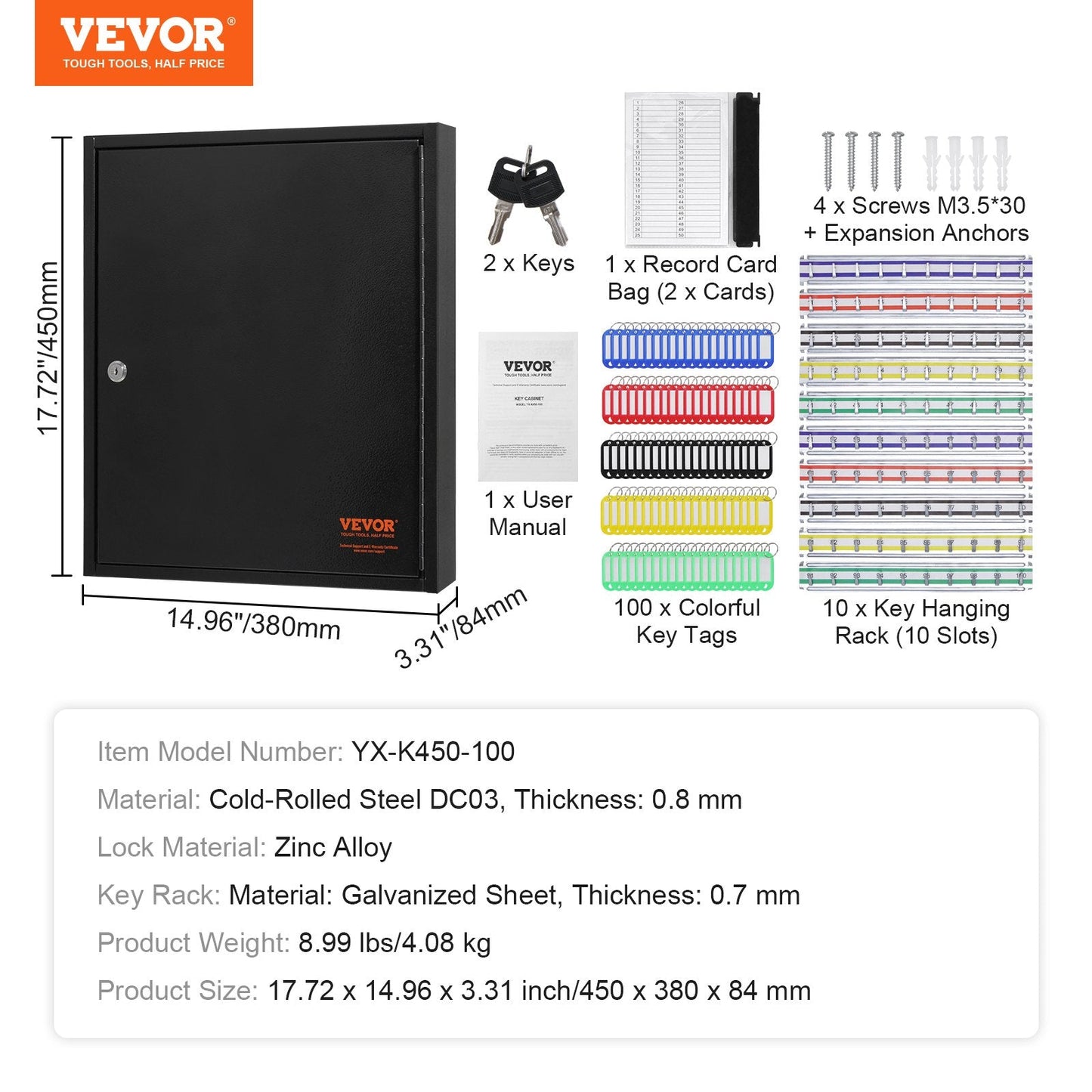 100-Key Lock Box with Adjustable Racks and 100 Tags, Steel Security Cabinet
