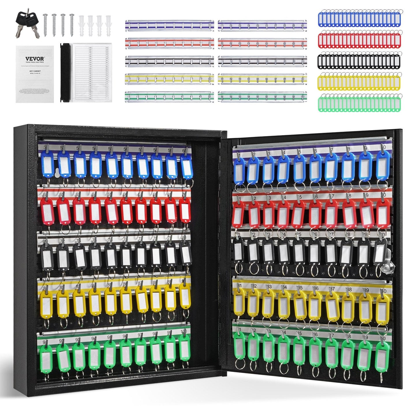 100-Key Lock Box with Adjustable Racks and 100 Tags, Steel Security Cabinet