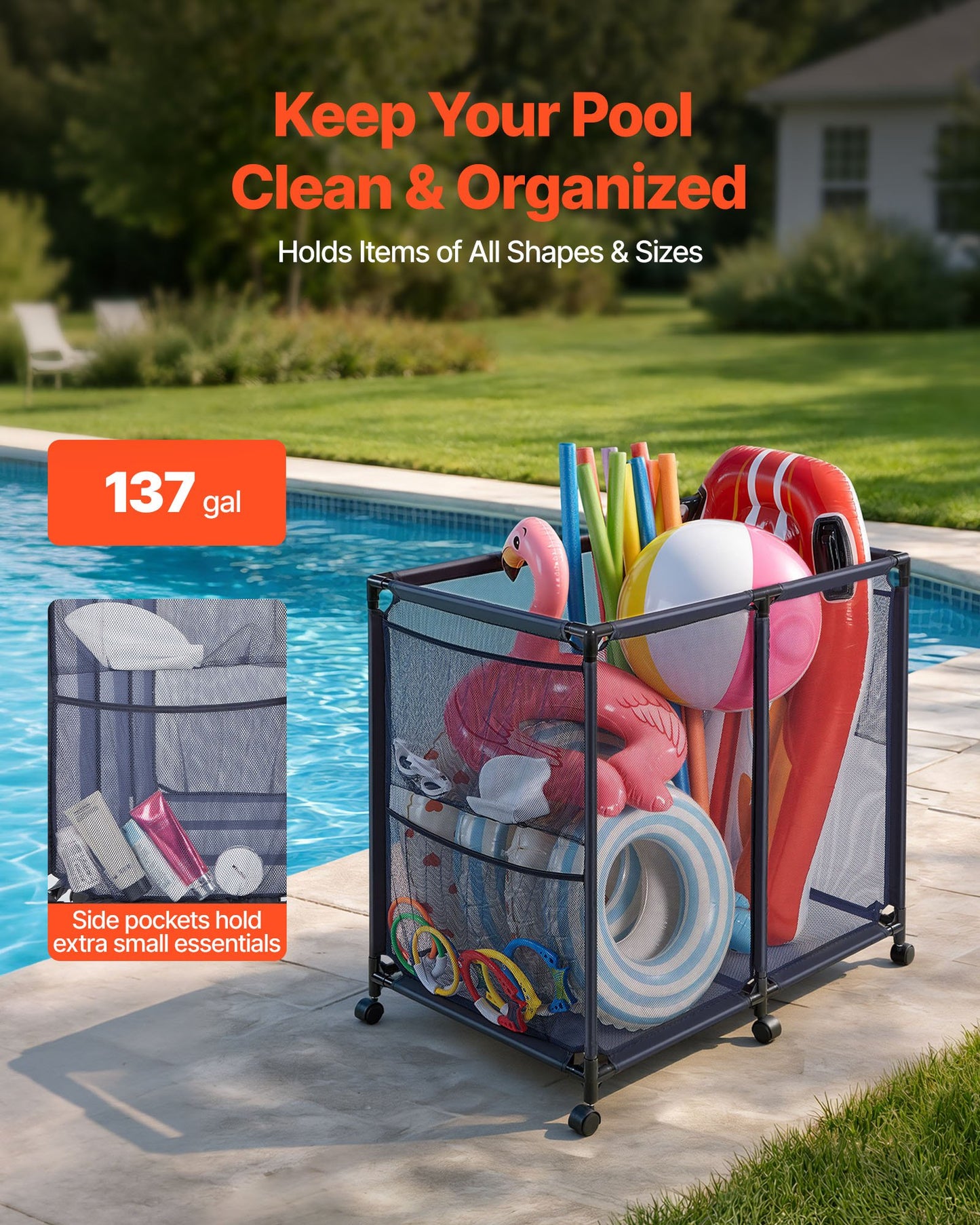 Pool Storage Bin, 93.5 x 61 x 90.4 cm, Rolling Pool Float Storage Organizer with Side Pockets & Casters, Heavy Duty Metal Frame, Poolside Toys Noodles Holder Mesh Basket for Swimming Pools