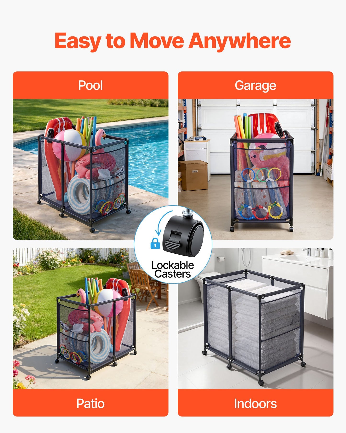 Pool Storage Bin, 93.5 x 61 x 90.4 cm, Rolling Pool Float Storage Organizer with Side Pockets & Casters, Heavy Duty Metal Frame, Poolside Toys Noodles Holder Mesh Basket for Swimming Pools