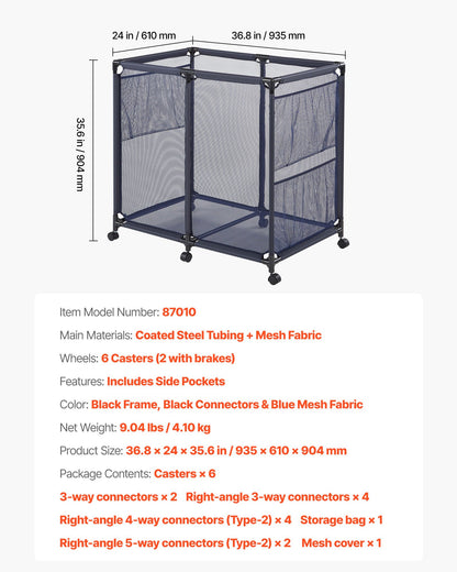 Pool Storage Bin, 93.5 x 61 x 90.4 cm, Rolling Pool Float Storage Organizer with Side Pockets & Casters, Heavy Duty Metal Frame, Poolside Toys Noodles Holder Mesh Basket for Swimming Pools
