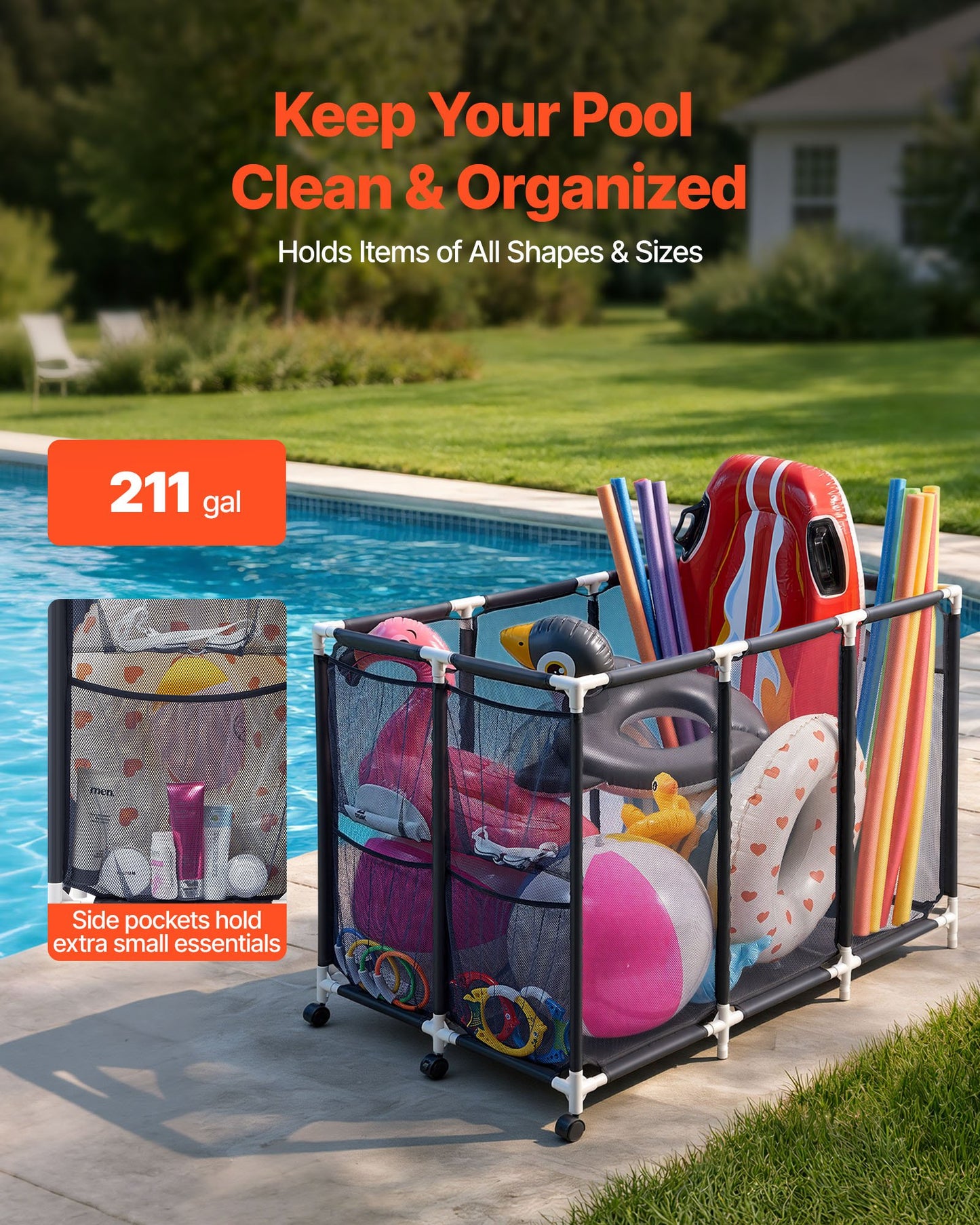 Pool Storage Bin, c, Rolling Pool Float Storage Organizer with Side Pockets & Casters, Heavy Duty Plastic Frame, Poolside Toys Noodles Holder Mesh Basket for Swimming Pools
