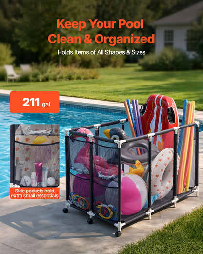 Pool Storage Bin, c, Rolling Pool Float Storage Organizer with Side Pockets & Casters, Heavy Duty Plastic Frame, Poolside Toys Noodles Holder Mesh Basket for Swimming Pools