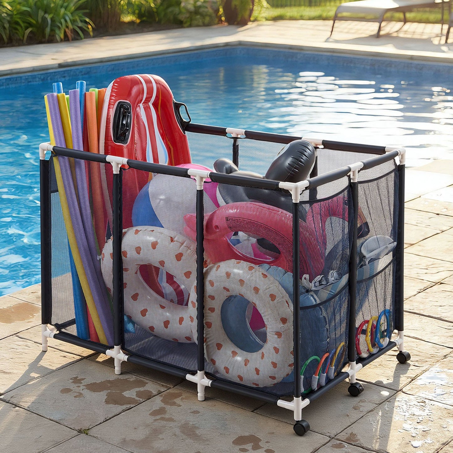 Pool Storage Bin, c, Rolling Pool Float Storage Organizer with Side Pockets & Casters, Heavy Duty Plastic Frame, Poolside Toys Noodles Holder Mesh Basket for Swimming Pools