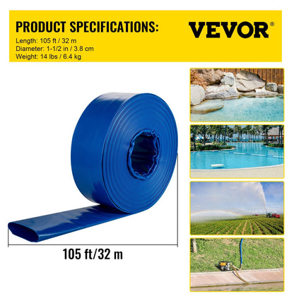 Heavy Duty 38 mm x 32 m PVC Lay Flat Hose for Pool & Water Transfer, Blue