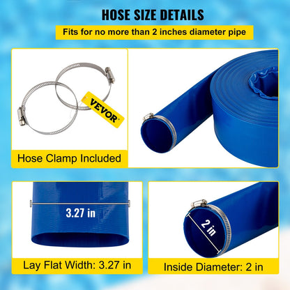 Heavy Duty 51mm x 32m PVC Lay Flat Hose for Pools & Water Transfer, Blue