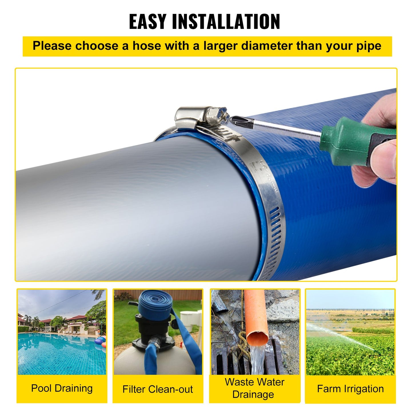 VEVOR Discharge Hose, 51 mm x 32 m, PVC Fabric Lay Flat Hose, Heavy Duty Backwash