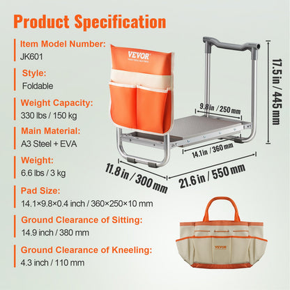 VEVOR Garden Kneeler and Seat, 10" EVA Wide Pad, 330 lbs Load Capacity Foldable