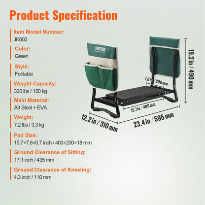 Foldable Garden Kneeler & Seat with Tool Bag, 150 kg Capacity, EVA Pad