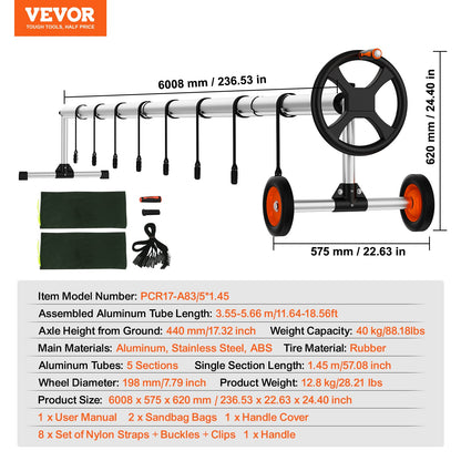 VEVOR Pool Cover Reel, Aluminum Solar Cover Reel 18 ft, Inground Swimming Pool Cover