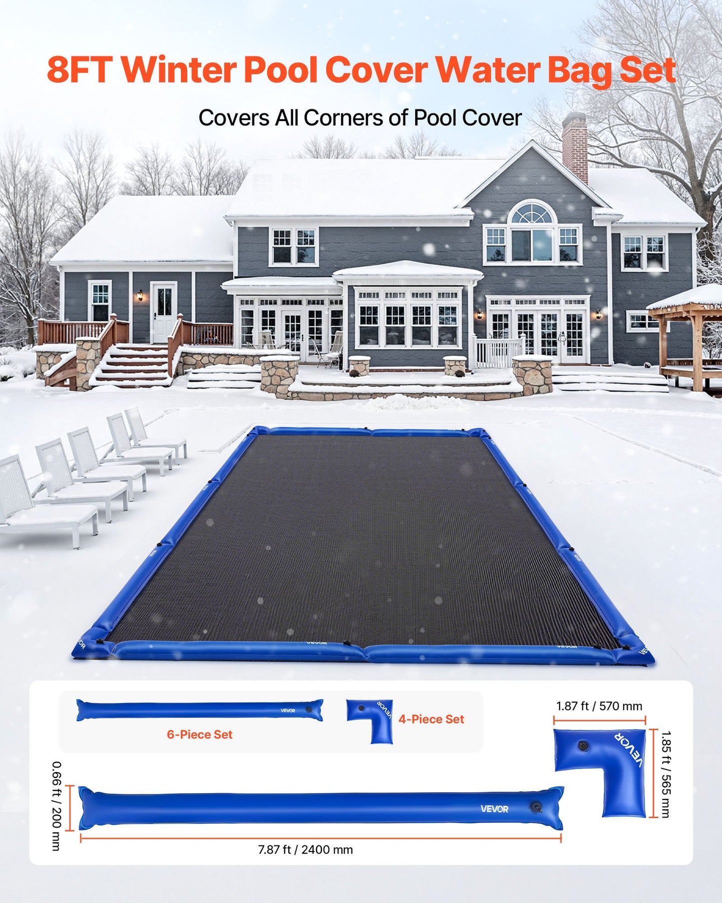 Pool Cover Water Bags Set, 6 Packs 2400 mm Single Chamber Pool Cover Water Bags & 4 Corner Tubes, 0.4mm Thick PVC Bag Weights with Leakproof Valve, for Winter Inground Swimming-Pool Covers