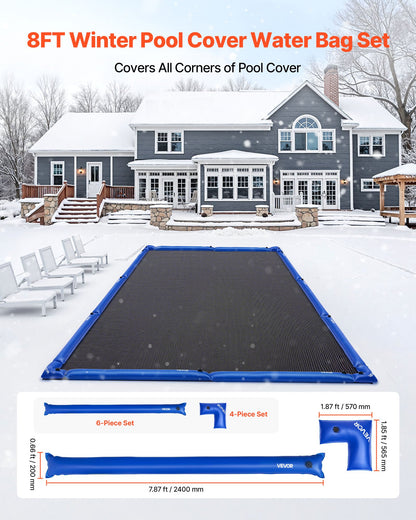 Pool Cover Water Bags Set, 6 Packs 2400 mm Single Chamber Pool Cover Water Bags & 4 Corner Tubes, 0.4mm Thick PVC Bag Weights with Leakproof Valve, for Winter Inground Swimming-Pool Covers