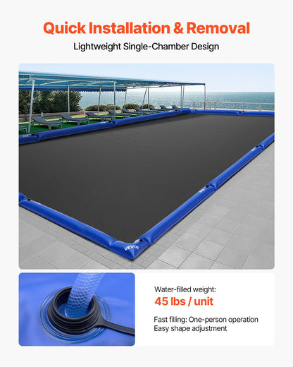 Pool Cover Water Bags Set, 6 Packs 2400 mm Single Chamber Pool Cover Water Bags & 4 Corner Tubes, 0.4mm Thick PVC Bag Weights with Leakproof Valve, for Winter Inground Swimming-Pool Covers