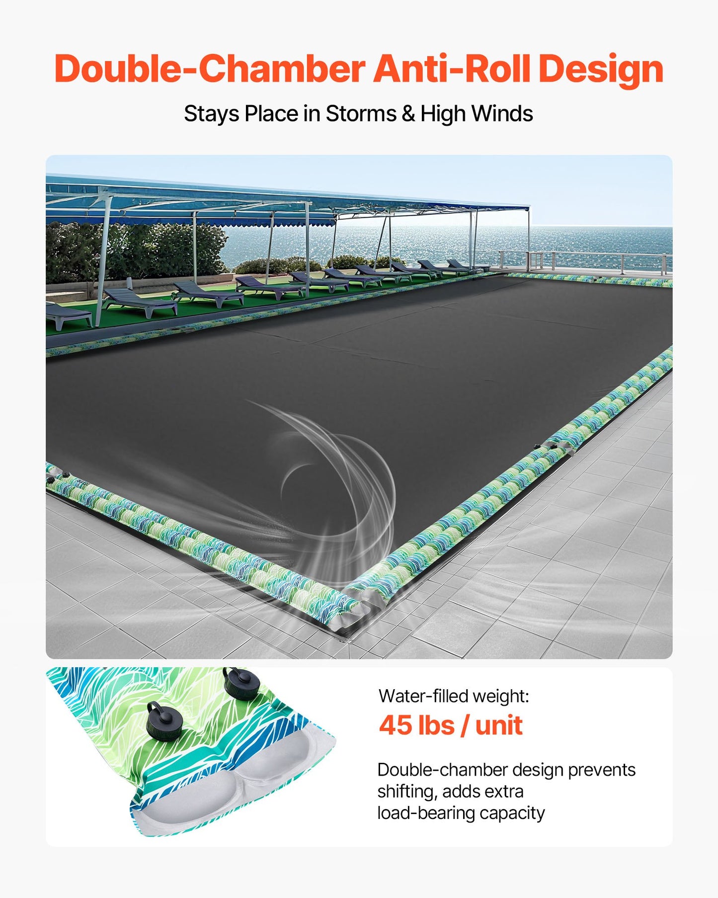 Pool Cover Water Bags, 5 Packs 2400mm, Double Chamber Pool Cover Water Tubes with Reflective Strips, 0.3mm Thick PVC Bags Weights with Leakproof Screw Cap, for Winter Swimming-Pool Covers