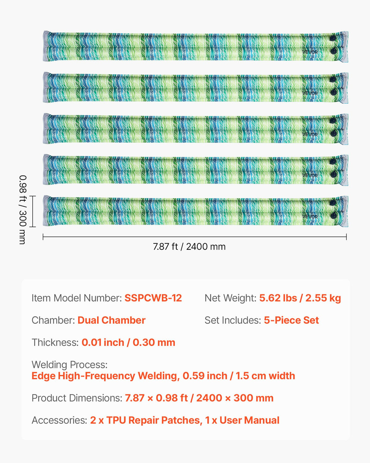 Pool Cover Water Bags, 5 Packs 2400mm, Double Chamber Pool Cover Water Tubes with Reflective Strips, 0.3mm Thick PVC Bags Weights with Leakproof Screw Cap, for Winter Swimming-Pool Covers