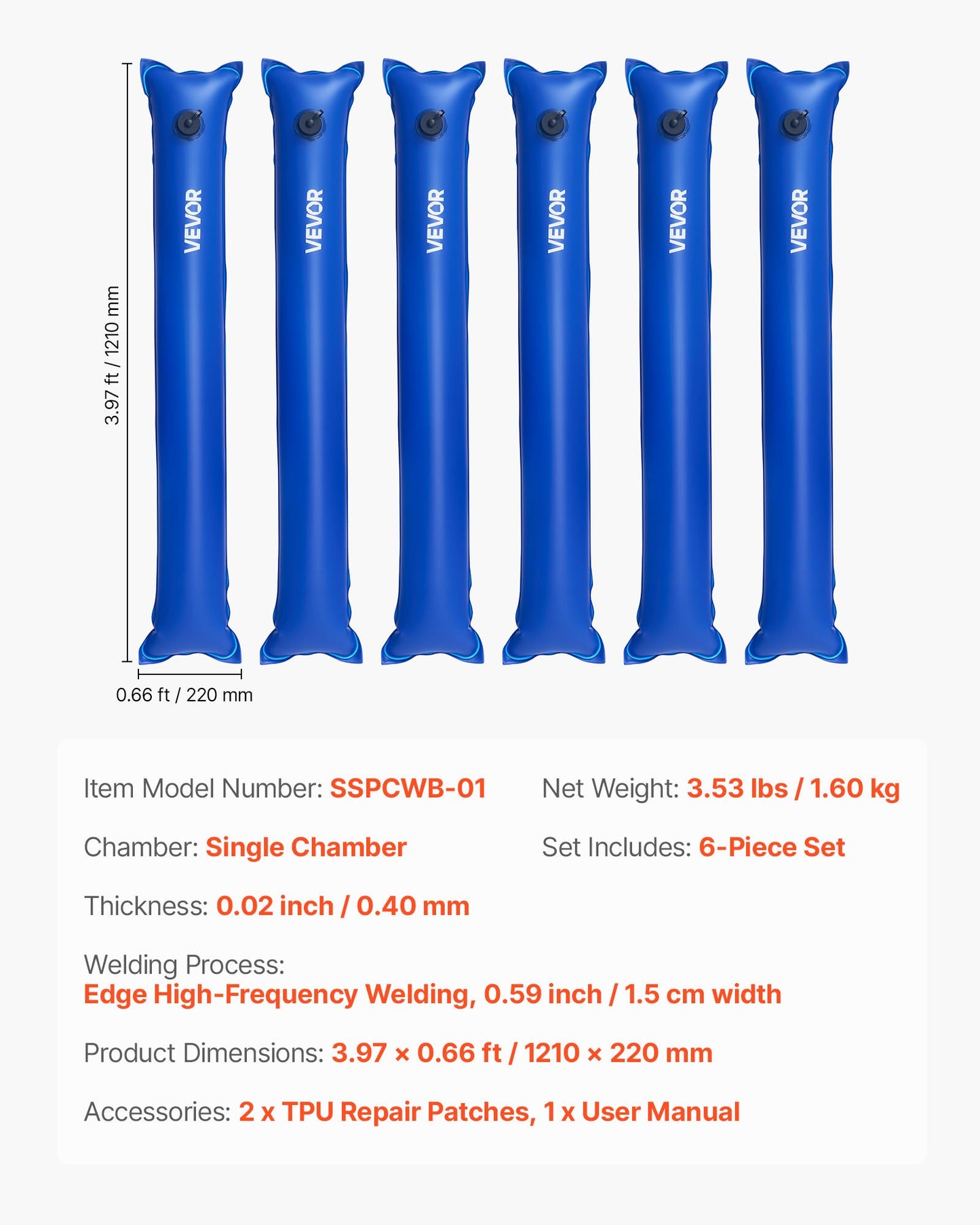 Pool Cover Water Bags, 6 Packs 1220 mm, Single Chamber Pool Cover Water Tubes, 0.4mm Thick PVC Bags Weights with Leakproof Screw Cap, for Inground Swimming-Pool Covers Winter Closing, Blue