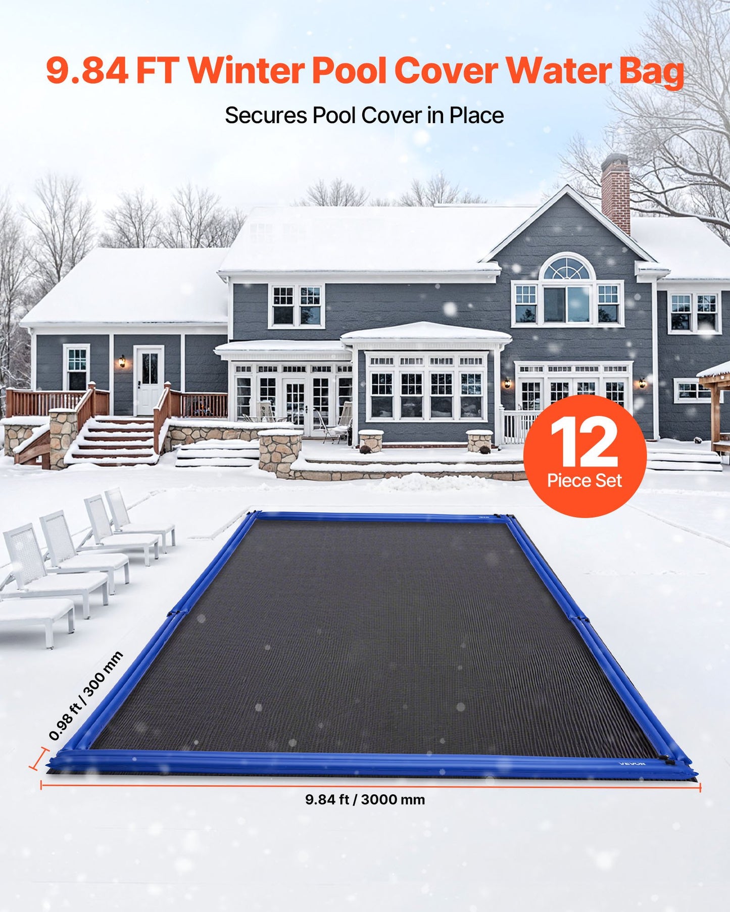 Pool Cover Water Bags, 12 Packs 3000mm, Double Chamber Pool Cover Water Tubes, 0.4mm Thick PVC Bags Weights with Leakproof Screw Cap, for Inground Swimming-Pool Covers Winter Closing, Blue