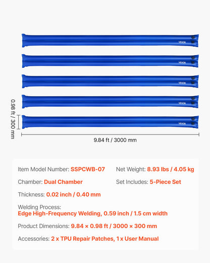 Pool Cover Water Bags, 5 Packs 2560 mm, Double Chamber Pool Cover Water Tubes, 0.4mm Thick PVC Bags Weights with Leakproof Screw Cap, for Inground Swimming-Pool Covers Winter Closing, Blue