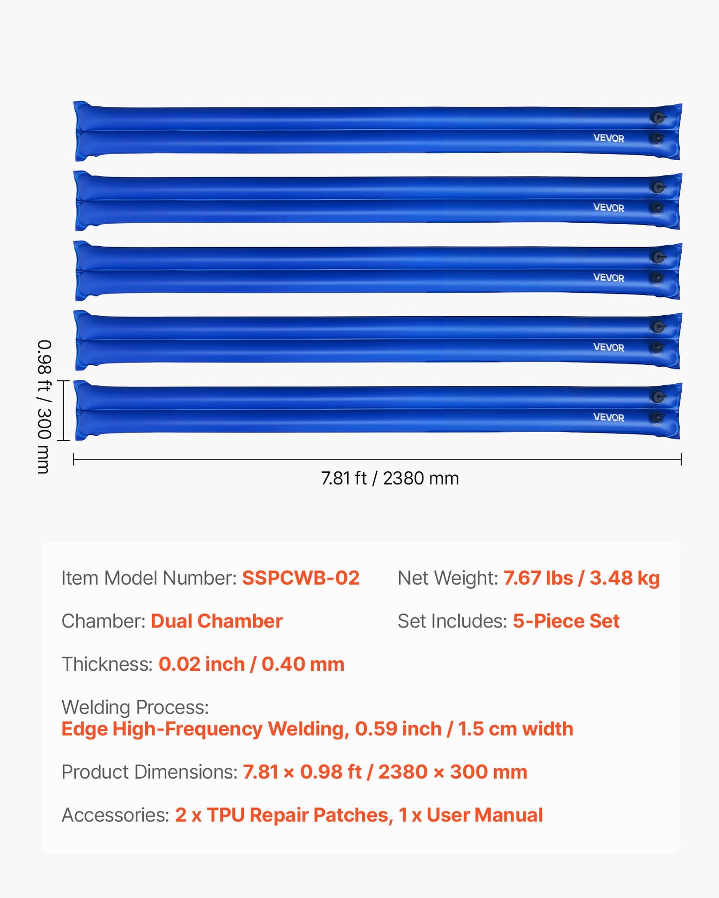 Pool Cover Water Bags, 5 Packs 2380 mm, Double Chamber Pool Cover Water Tubes, 0.4mm Thick PVC Bags Weights with Leakproof Screw Cap, for Inground Swimming-Pool Covers Winter Closing, Blue