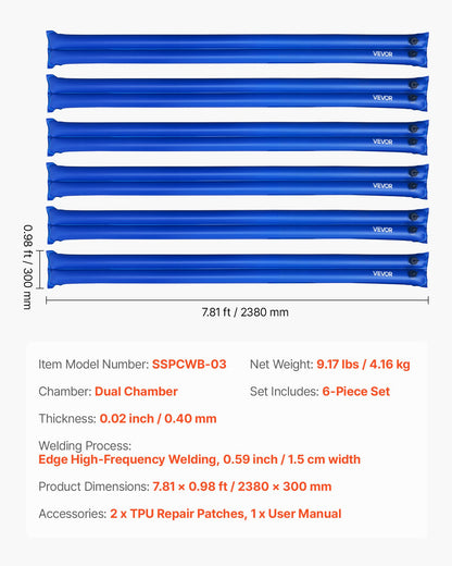 Pool Cover Water Bags, 6 Packs 2380 mm Double Chamber Pool Cover Water Tubes, 0.4mm Thick PVC Bags Weights with Leakproof Screw Cap, for Inground Swimming-Pool Covers Winter Closing, Blue