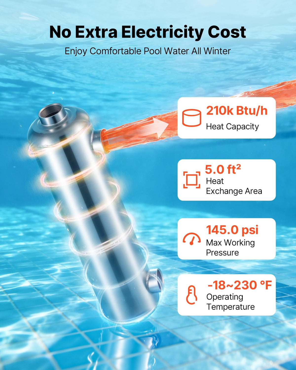 Pool Heat Exchanger, 210K BTU Swimming Pool Heater Exchanger, 316L Stainless Steel Construction, High Efficiency Water to Water Transfer Heating System for Spa, Hot Tub, Indoor/Outdoor, Silver